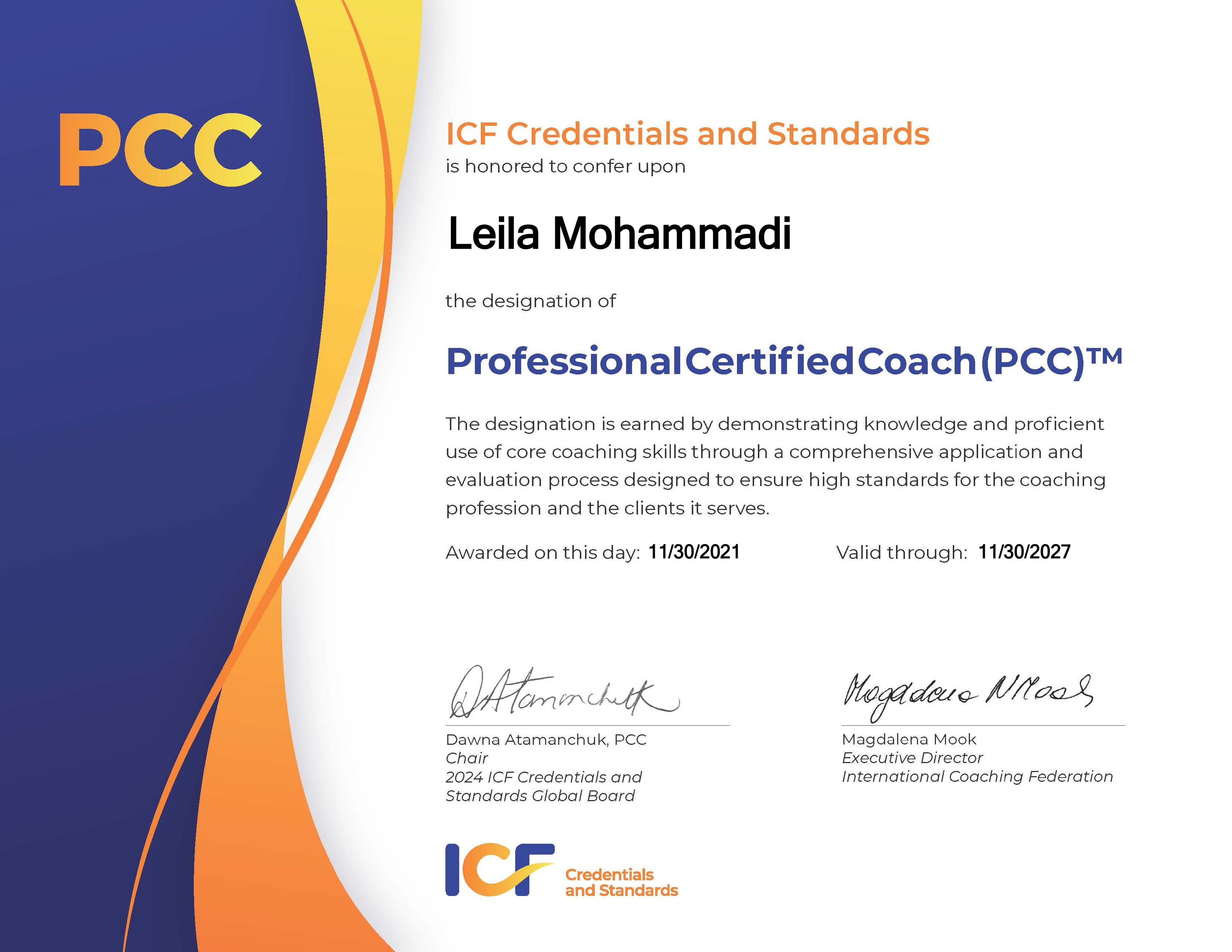 <p>کوچ حرفه‌ای سطح PCC از ICF</p><p>&nbsp;فدراسیون جهانی کوچینگ آمریکا</p>